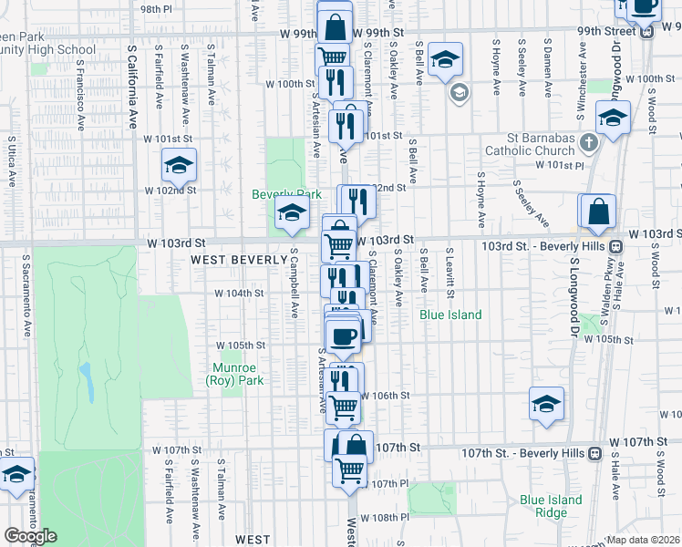 map of restaurants, bars, coffee shops, grocery stores, and more near 10340 South Western Avenue in Chicago