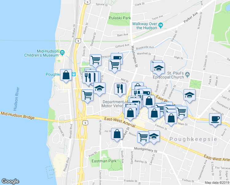 map of restaurants, bars, coffee shops, grocery stores, and more near 191 Main Street in Poughkeepsie