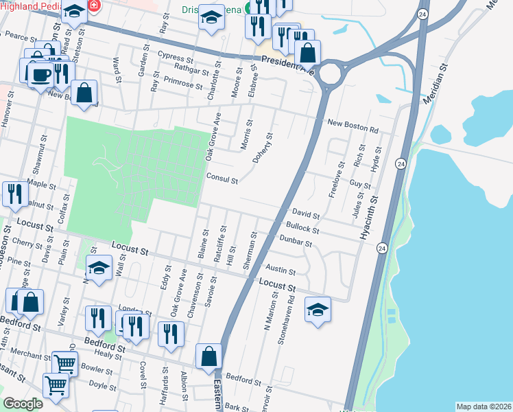 map of restaurants, bars, coffee shops, grocery stores, and more near 213 Bullock Street in Fall River