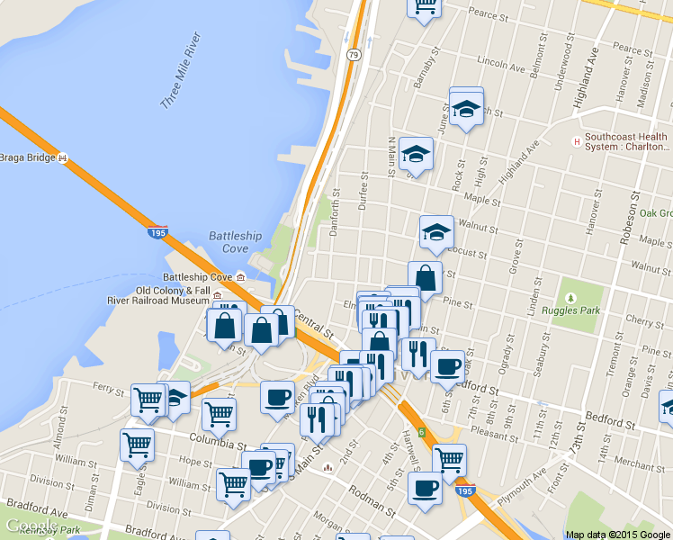 map of restaurants, bars, coffee shops, grocery stores, and more near 107 Green Street in Fall River