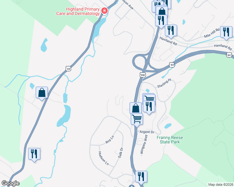 map of restaurants, bars, coffee shops, grocery stores, and more near 3675 Us Highway 9w in Highland