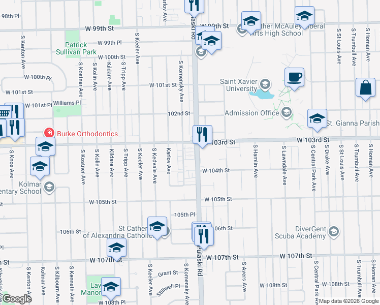 map of restaurants, bars, coffee shops, grocery stores, and more near 10348 South Pulaski Road in Oak Lawn