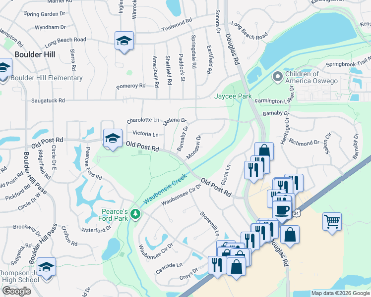 map of restaurants, bars, coffee shops, grocery stores, and more near 200 Mondovi Drive in Oswego