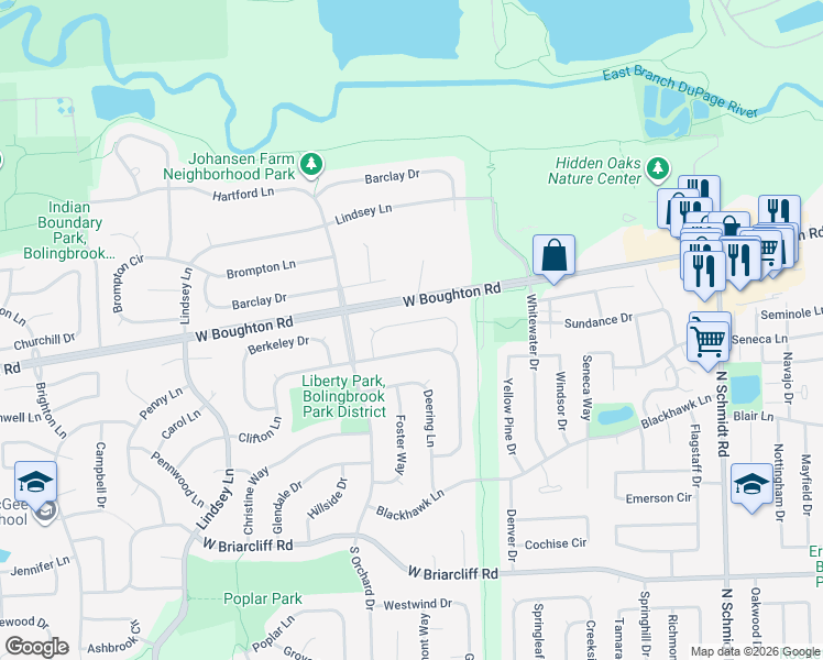 map of restaurants, bars, coffee shops, grocery stores, and more near 348 Clifton Lane in Bolingbrook