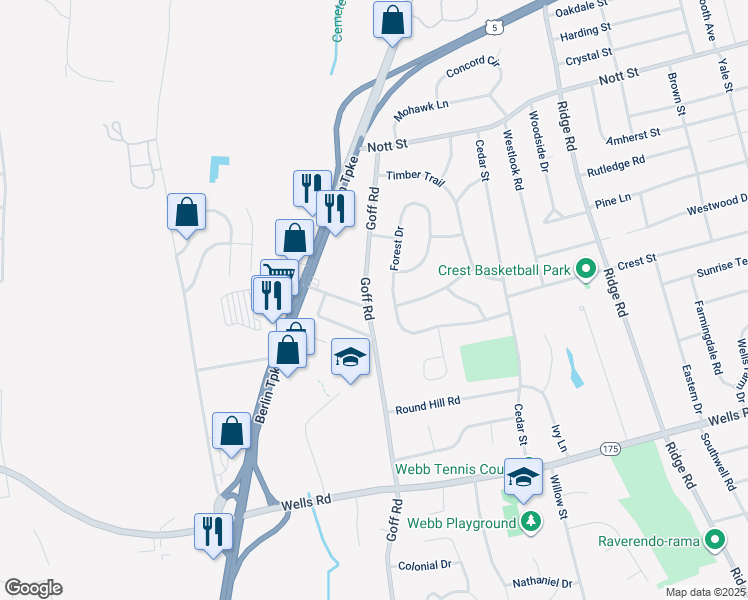 map of restaurants, bars, coffee shops, grocery stores, and more near 144 Goff Road in Wethersfield