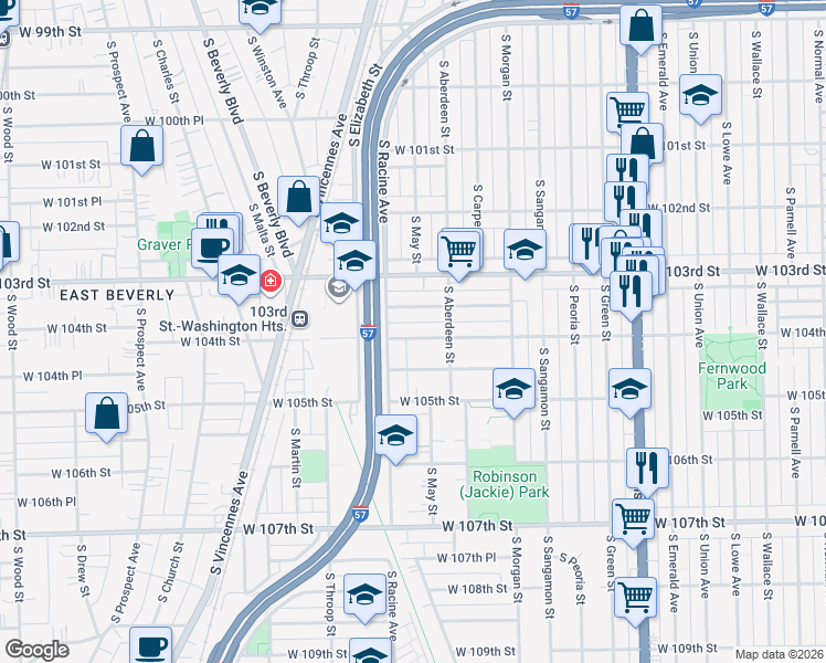 map of restaurants, bars, coffee shops, grocery stores, and more near 1134 West 104th Street in Chicago