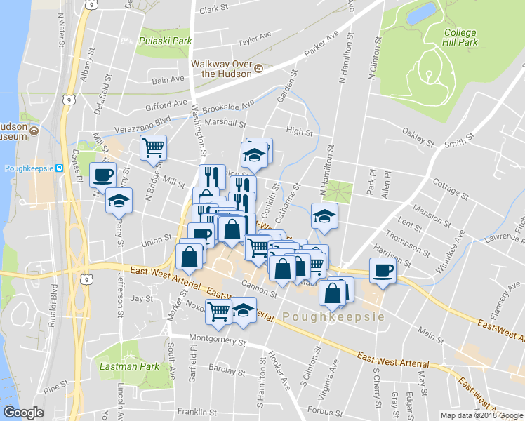 map of restaurants, bars, coffee shops, grocery stores, and more near 14 Conklin Street in Poughkeepsie