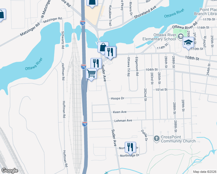 map of restaurants, bars, coffee shops, grocery stores, and more near 4600 Suder Avenue in Toledo