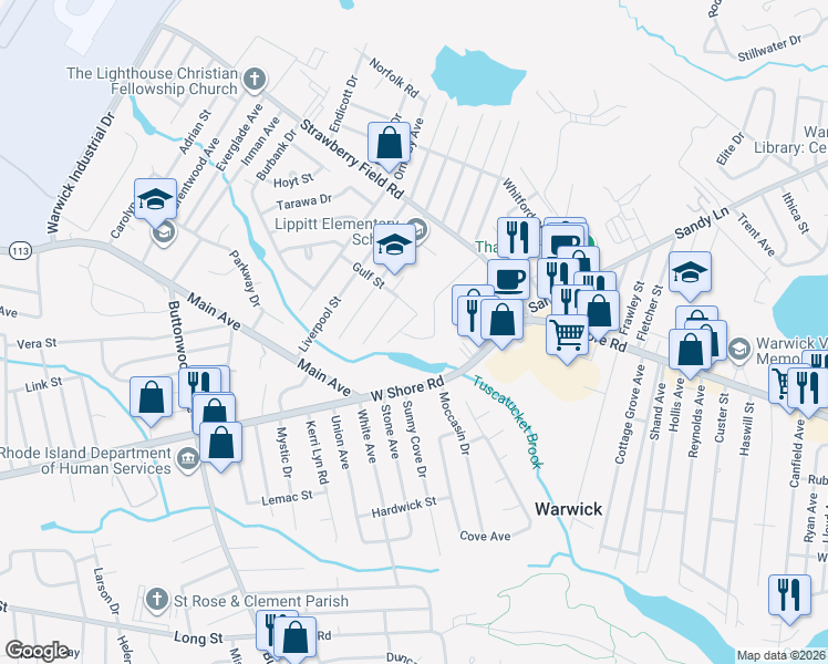 map of restaurants, bars, coffee shops, grocery stores, and more near 70 Turner Street in Warwick