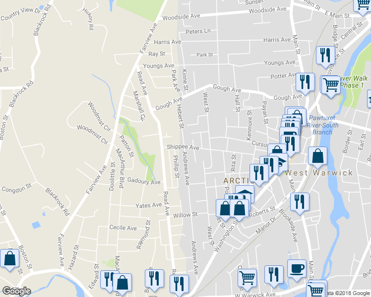 map of restaurants, bars, coffee shops, grocery stores, and more near 92 Shippee Avenue in West Warwick