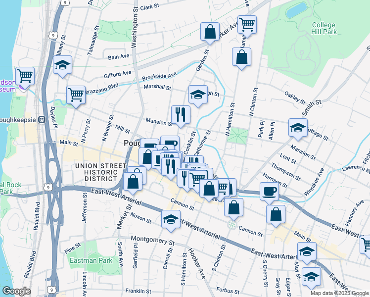 map of restaurants, bars, coffee shops, grocery stores, and more near 319 Mill Street in Poughkeepsie