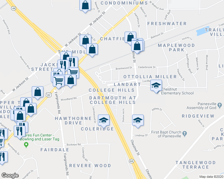 map of restaurants, bars, coffee shops, grocery stores, and more near 980 Cornell Court in Painesville