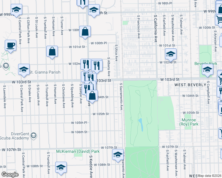 map of restaurants, bars, coffee shops, grocery stores, and more near 3019 West 103rd Street in Chicago