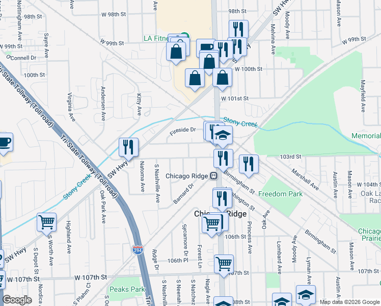map of restaurants, bars, coffee shops, grocery stores, and more near 6444 102nd Place in Chicago Ridge