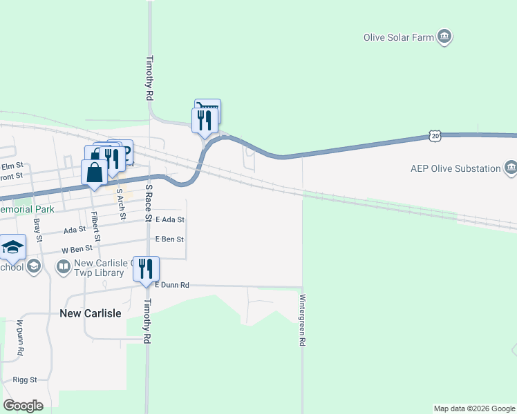 map of restaurants, bars, coffee shops, grocery stores, and more near 510 East Michigan Street in New Carlisle
