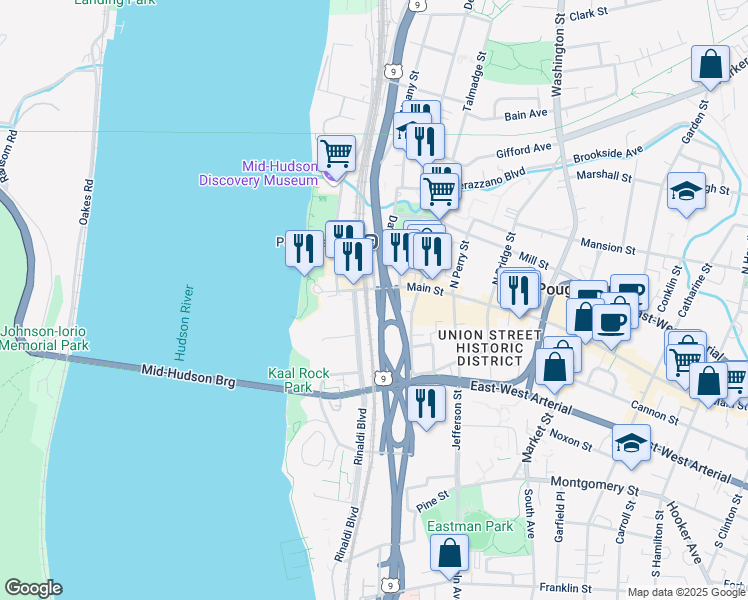 map of restaurants, bars, coffee shops, grocery stores, and more near 35 Main Street in Poughkeepsie
