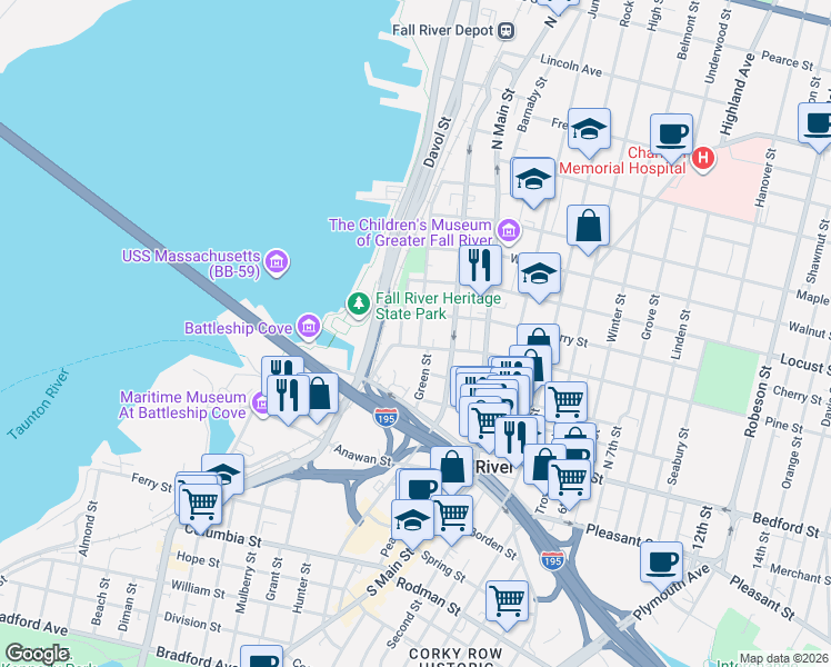 map of restaurants, bars, coffee shops, grocery stores, and more near 22 Danforth Street in Fall River