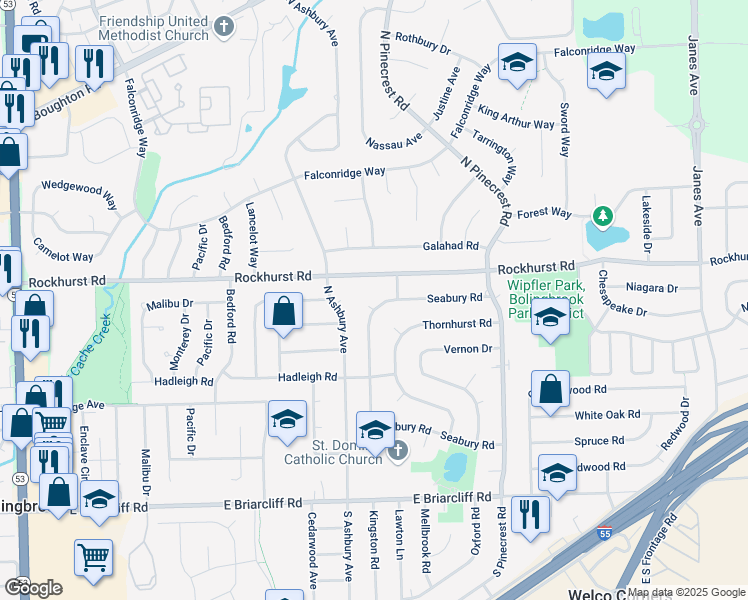map of restaurants, bars, coffee shops, grocery stores, and more near 423 Rockhurst Road in Bolingbrook