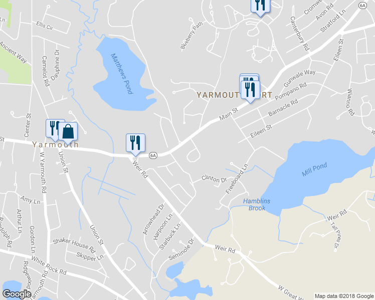map of restaurants, bars, coffee shops, grocery stores, and more near 52 Kencomsett Circle in Yarmouth