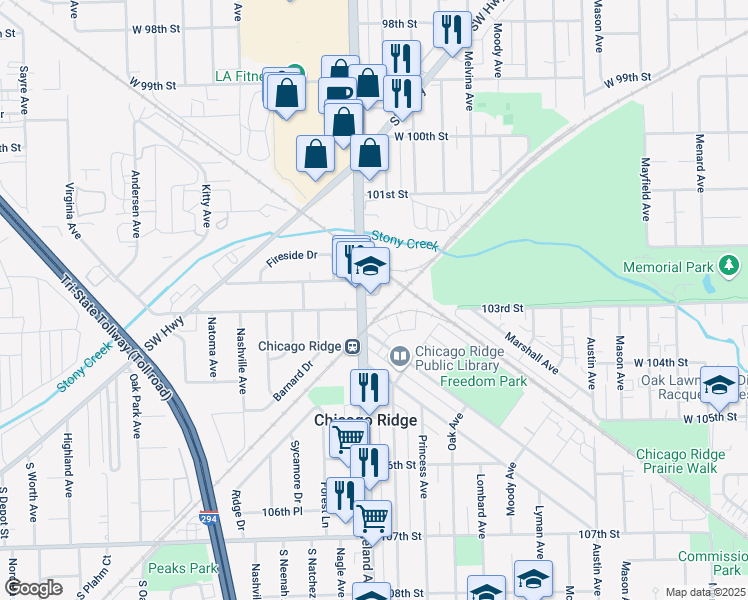 map of restaurants, bars, coffee shops, grocery stores, and more near 10255 South Ridgeland Avenue in Chicago Ridge