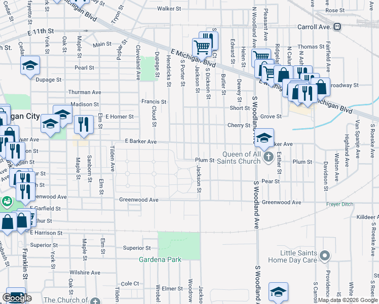map of restaurants, bars, coffee shops, grocery stores, and more near 510 South Porter Street in Michigan City