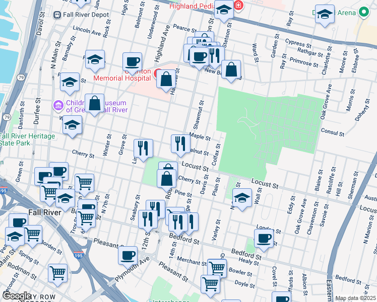 map of restaurants, bars, coffee shops, grocery stores, and more near 426 Robeson Street in Fall River