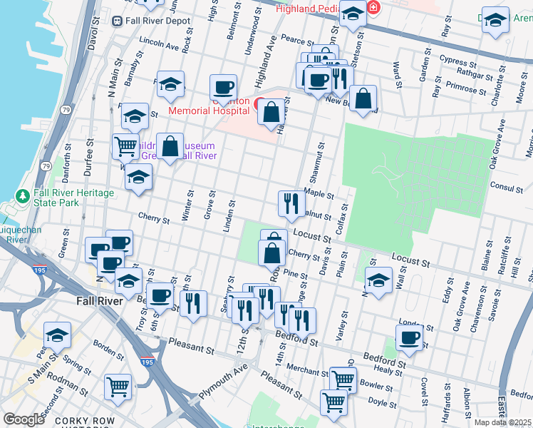 map of restaurants, bars, coffee shops, grocery stores, and more near 77 Hanover Street in Fall River