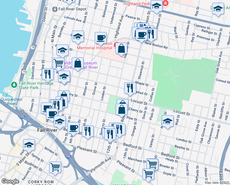 map of restaurants, bars, coffee shops, grocery stores, and more near 673 Walnut Street in Fall River