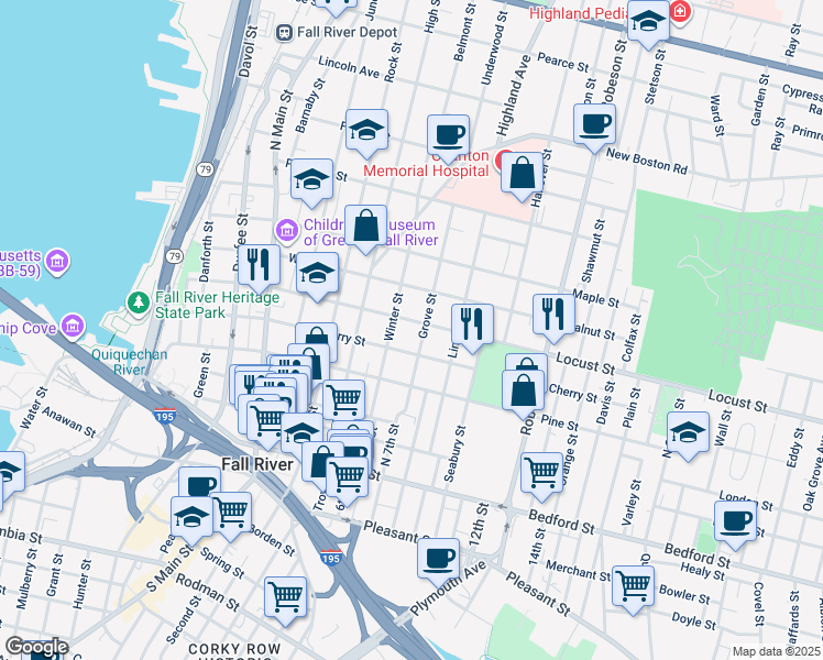 map of restaurants, bars, coffee shops, grocery stores, and more near 229 Winter Street in Fall River