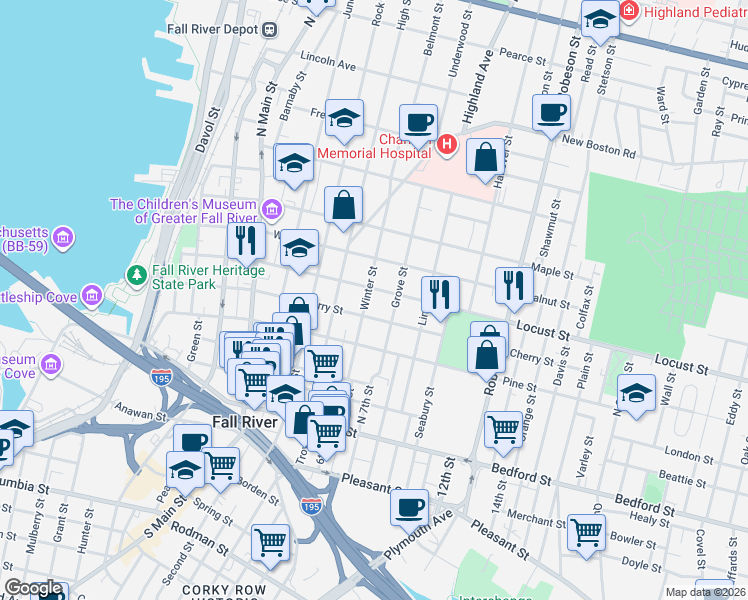 map of restaurants, bars, coffee shops, grocery stores, and more near 229 Winter Street in Fall River