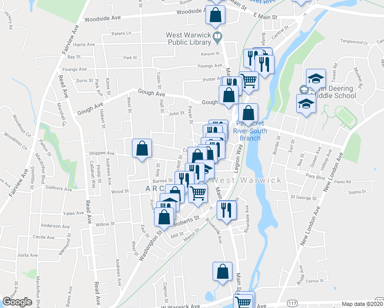 map of restaurants, bars, coffee shops, grocery stores, and more near 11 Payan Street in West Warwick