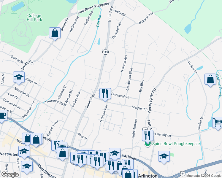 map of restaurants, bars, coffee shops, grocery stores, and more near 30 Jackman Drive in Poughkeepsie