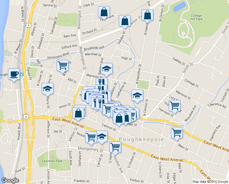 map of restaurants, bars, coffee shops, grocery stores, and more near 33 Conklin Street in Poughkeepsie