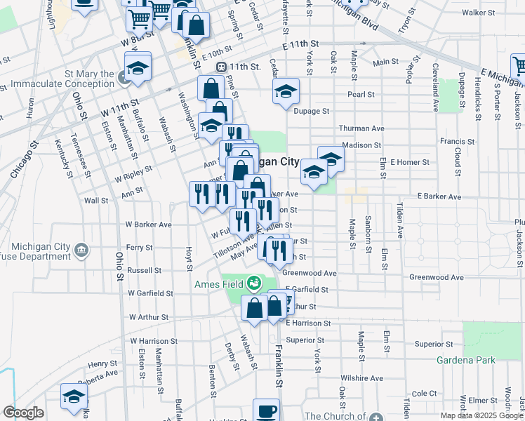 map of restaurants, bars, coffee shops, grocery stores, and more near 100-130 E Barker Ave in Michigan City