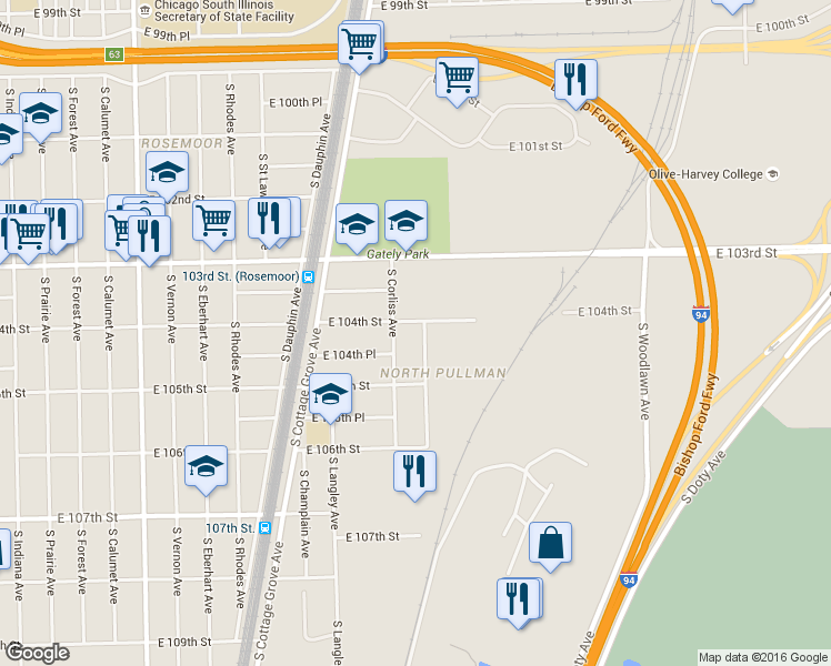 map of restaurants, bars, coffee shops, grocery stores, and more near 821 East 103rd Street in Chicago