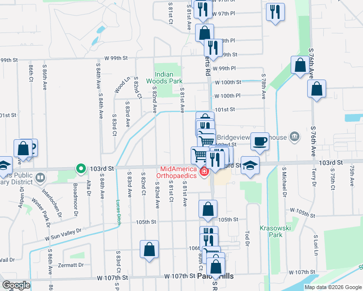 map of restaurants, bars, coffee shops, grocery stores, and more near 10121 South 81st Court in Palos Hills