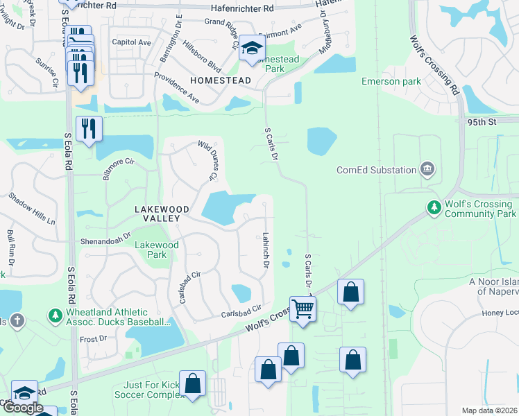 map of restaurants, bars, coffee shops, grocery stores, and more near 2580 Shenandoah Court in Aurora