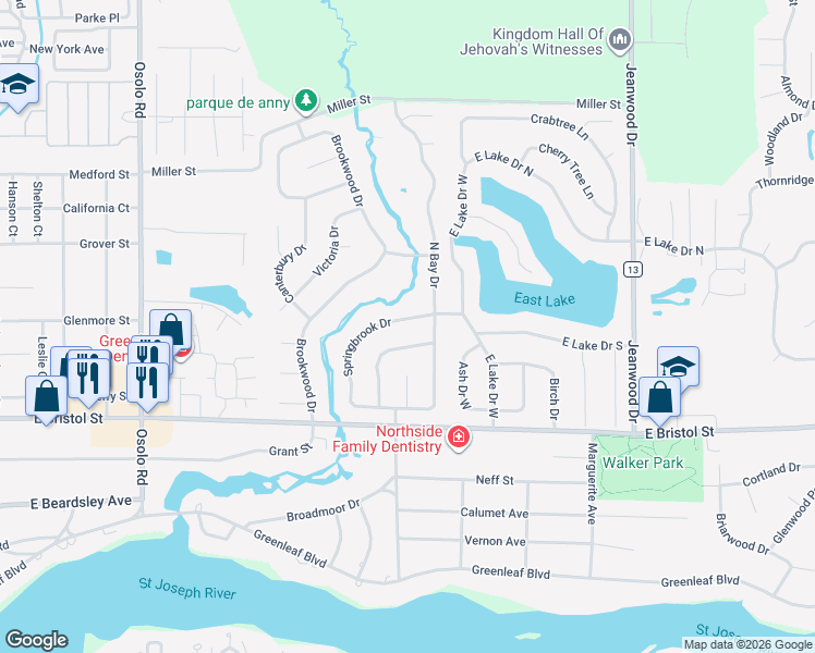map of restaurants, bars, coffee shops, grocery stores, and more near 1628 Springbrook Dr in Elkhart