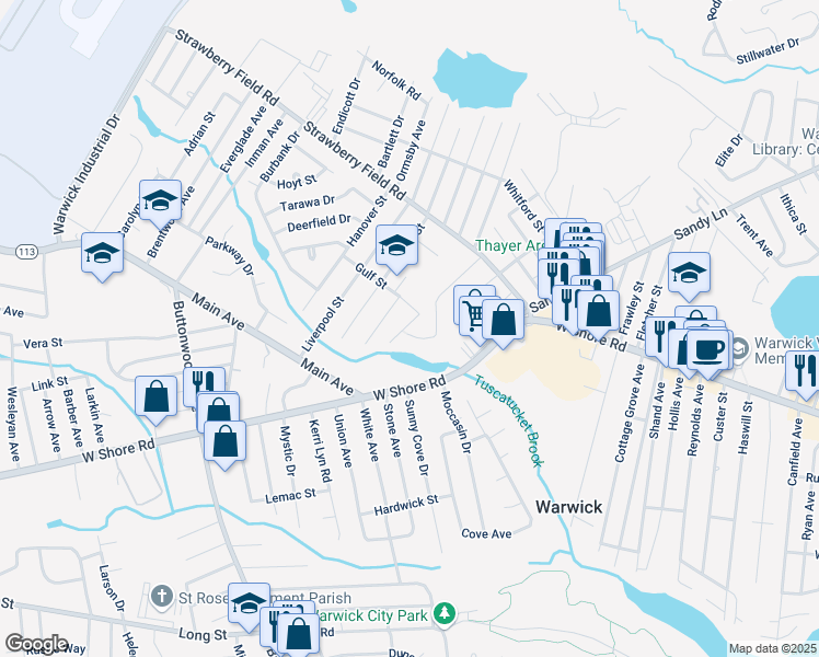 map of restaurants, bars, coffee shops, grocery stores, and more near 90 Gulf Street in Warwick