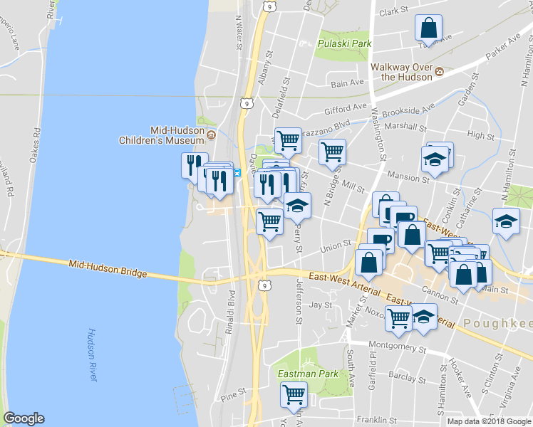 map of restaurants, bars, coffee shops, grocery stores, and more near 12 South Clover Street in Poughkeepsie