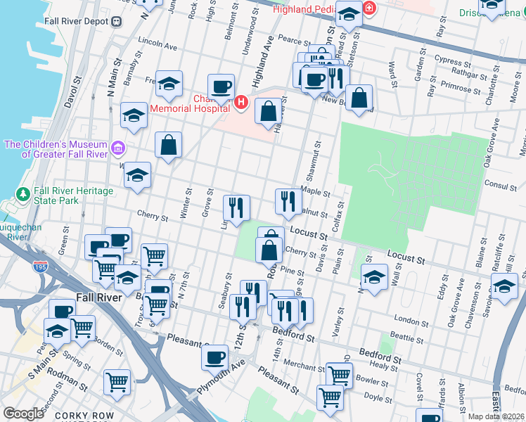 map of restaurants, bars, coffee shops, grocery stores, and more near 77 Hanover Street in Fall River