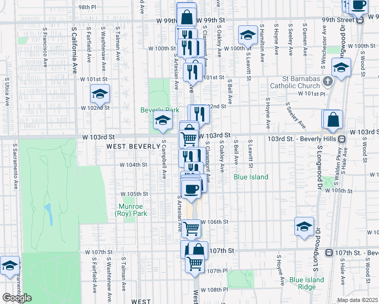 map of restaurants, bars, coffee shops, grocery stores, and more near 2419 West 103rd Street in Chicago