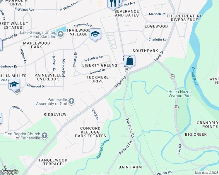map of restaurants, bars, coffee shops, grocery stores, and more near 84 Johnnycake Ridge Road in Painesville