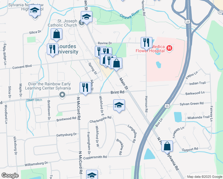 map of restaurants, bars, coffee shops, grocery stores, and more near 6510 Brint Road in Sylvania