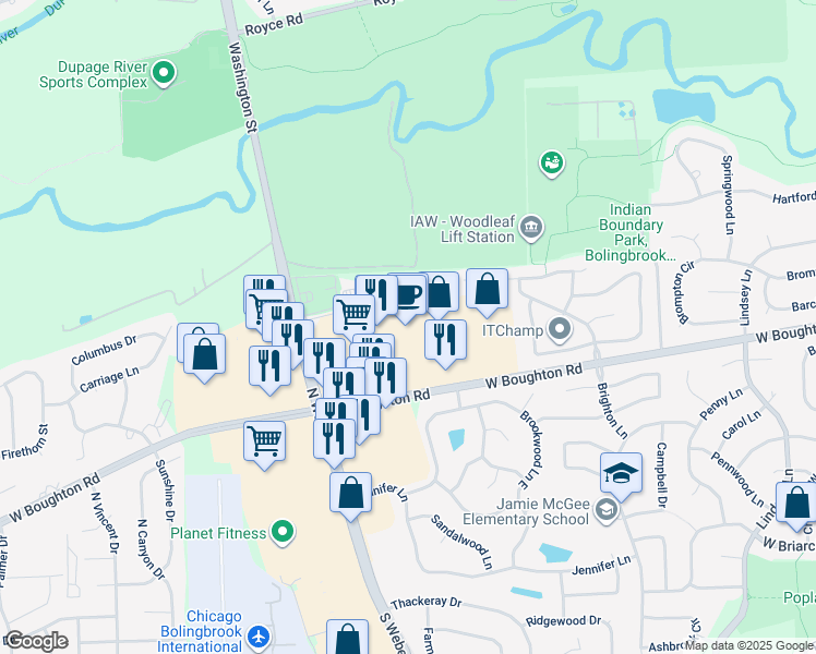 map of restaurants, bars, coffee shops, grocery stores, and more near 1188 West Boughton Road in Bolingbrook