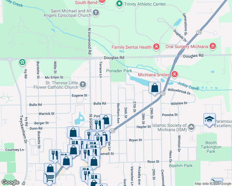 map of restaurants, bars, coffee shops, grocery stores, and more near 54170 Northern Avenue in South Bend