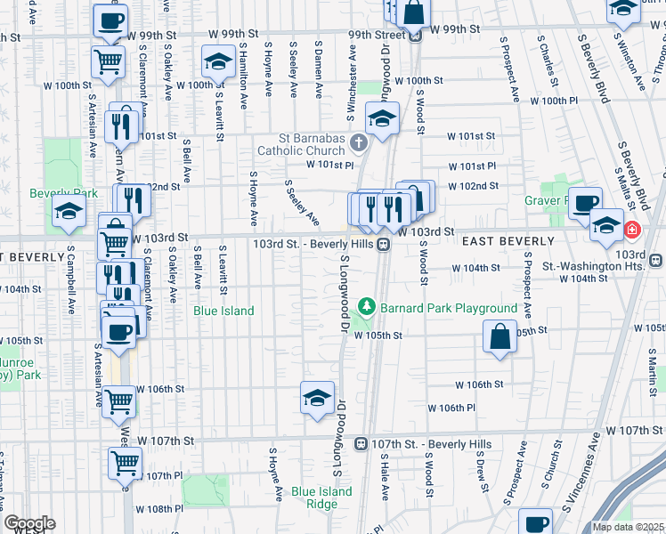 map of restaurants, bars, coffee shops, grocery stores, and more near 2003 West 103rd Street in Chicago