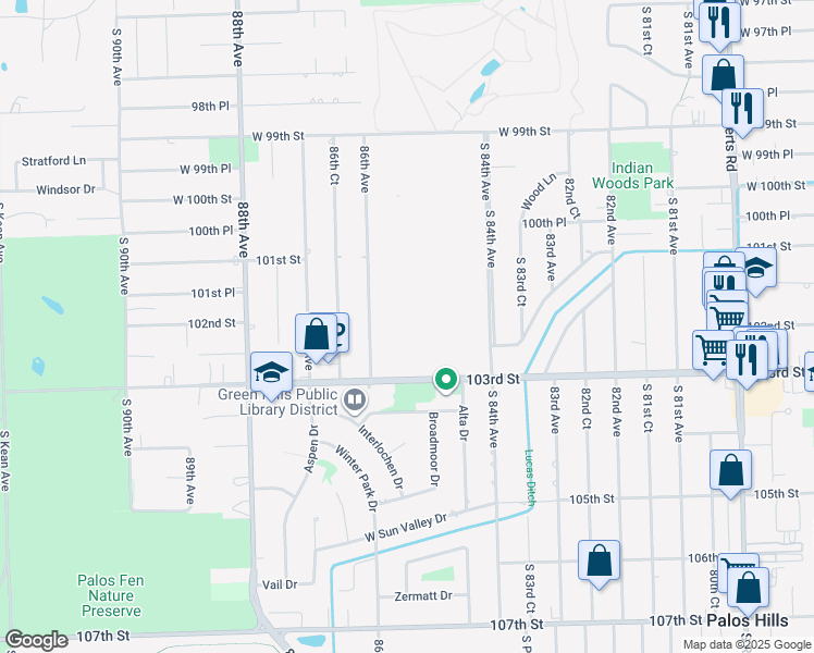 map of restaurants, bars, coffee shops, grocery stores, and more near 10205 86th Terrace in Palos Hills