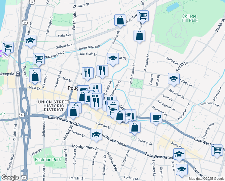 map of restaurants, bars, coffee shops, grocery stores, and more near 54 Catharine Street in Poughkeepsie