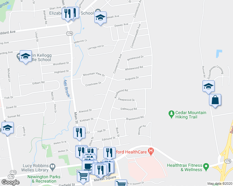 map of restaurants, bars, coffee shops, grocery stores, and more near 53 Dogwood Lane in Newington